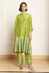 Kanelle_Green Tunic Upada Silk And Cotton Lurex Embroidered Patch Lila Front With Pant _at_Aza_Fashions