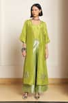 Kanelle_Green Top And Cape Upada Silk Embroidered Patch Work Elea Front With Pant Set _at_Aza_Fashions