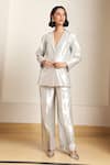 Buy_Kanelle_Silver Blazer And Pant Cotton Lurex Notched Lapel Collar With _Online_at_Aza_Fashions