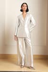 Kanelle_Silver Blazer And Pant Cotton Lurex Notched Lapel Collar With _at_Aza_Fashions