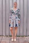 HOUSE OF FETT_Ivory Twill Printed Floral Notched Collar Serena Trench Dress _Online_at_Aza_Fashions