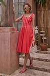 Buy_HOUSE OF FETT_Pink 100% Cotton Poplin Embellished Pipe Square Neck Townie Dress _Online_at_Aza_Fashions