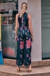 Shop_HOUSE OF FETT_Black Luxury Satin Poly Blend Printed Floral Halter Neck Upper East Jumpsuit _at_Aza_Fashions