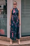 Buy_HOUSE OF FETT_Black Luxury Satin Poly Blend Printed Floral Halter Neck Upper East Jumpsuit _Online_at_Aza_Fashions