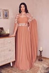 Buy_Swish By Dolcy And Simran_Rose Gold Georgette Embellished Pearl Sweetheart Evening Skies Gown With Cape _at_Aza_Fashions