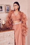 Swish By Dolcy And Simran_Rose Gold Lining Shantoon Silken Gleam Ruffle Sleeve Blouse With Skirt _Online_at_Aza_Fashions