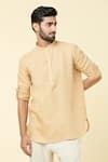 Arihant Rai Sinha_Beige Linen Plain Mandarin Collar Kurta _Online_at_Aza_Fashions