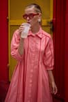 HOUSE OF FETT_Pink 100% Cotton Poplin Embellished Pipe Collar Canopy Work Dress _Online_at_Aza_Fashions