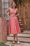 Buy_HOUSE OF FETT_Peach 100% Cotton Poplin Embellished Pipe Square Carol Crop Top And Skirt Set _at_Aza_Fashions