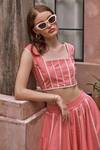 Buy_HOUSE OF FETT_Peach 100% Cotton Poplin Embellished Pipe Square Carol Crop Top And Skirt Set _Online_at_Aza_Fashions