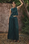 Buy_HOUSE OF FETT_Green Organza Embroidery Floral Applique Round Diana Crop Top And Trouser Set _at_Aza_Fashions