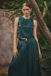 Buy_HOUSE OF FETT_Green Organza Embroidery Floral Applique Round Diana Crop Top And Trouser Set _Online_at_Aza_Fashions