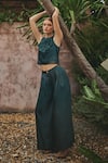 Shop_HOUSE OF FETT_Green Organza Embroidery Floral Applique Round Diana Crop Top And Trouser Set _Online_at_Aza_Fashions