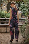 Shop_HOUSE OF FETT_Black Twill Printed Floral V Neck Jenny Waistcoat And Pant Set _at_Aza_Fashions