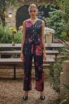 HOUSE OF FETT_Black Twill Printed Floral V Neck Jenny Waistcoat And Pant Set _Online_at_Aza_Fashions