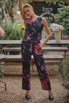 Buy_HOUSE OF FETT_Black Twill Printed Floral V Neck Jenny Waistcoat And Pant Set _Online_at_Aza_Fashions