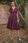 Buy_HOUSE OF FETT_Wine Organza Embroidery Floral Applique V Neck Vanessa Dress _at_Aza_Fashions