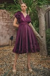 HOUSE OF FETT_Wine Organza Embroidery Floral Applique V Neck Vanessa Dress _Online_at_Aza_Fashions