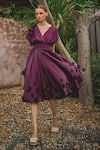 Buy_HOUSE OF FETT_Wine Organza Embroidery Floral Applique V Neck Vanessa Dress _Online_at_Aza_Fashions