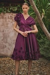 Shop_HOUSE OF FETT_Wine Organza Embroidery Floral Applique V Neck Vanessa Dress _Online_at_Aza_Fashions