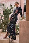 Shop_HOUSE OF FETT_Black Luxury Satin Poly Blend Printed Floral Waldorf Pleated Gown With Belt _Online_at_Aza_Fashions