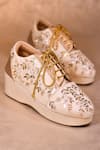 Buy_AROUND ALWAYS_Gold Sequin Aries Floral Embroidered Sneakers _at_Aza_Fashions