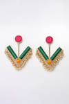 Shop_BAUBLE BAZAAR_Green Thread Daffodil Embroidered Dangler Earrings _at_Aza_Fashions