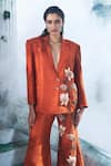 Label Ankush Jain_Orange Pure Raw Silk Embroidery 3d Floral Connecting Blazer And Flared Pant Set _Online_at_Aza_Fashions