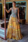 Buy_AUM by Asit and Ashima_Yellow Silk Embroidered Bead Scoop Patchwork Zardozi Lehenga With Corset _at_Aza_Fashions