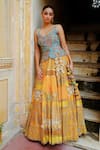 AUM by Asit and Ashima_Yellow Silk Embroidered Bead Scoop Patchwork Zardozi Lehenga With Corset _Online_at_Aza_Fashions