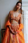 Buy_AUM by Asit and Ashima_Orange Silk Embroidered Bead V-neck Patchwork Embellished Lehenga Set 