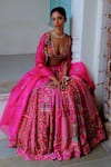 Shop_AUM by Asit and Ashima_Fuchsia Silk Embroidered Bead V-neck Patchwork Panel Bridal Lehenga Set _at_Aza_Fashions