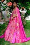 Buy_AUM by Asit and Ashima_Fuchsia Silk Embroidered Bead V-neck Patchwork Applique Bridal Lehenga Set _at_Aza_Fashions