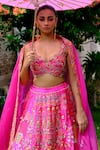 Shop_AUM by Asit and Ashima_Fuchsia Silk Embroidered Bead V-neck Patchwork Applique Bridal Lehenga Set _at_Aza_Fashions