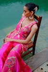 Buy_AUM by Asit and Ashima_Fuchsia Silk Embroidered Bead V-neck Applique Jacket Kurta With Sharara_Online_at_Aza_Fashions