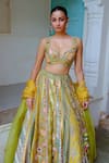 Buy_AUM by Asit and Ashima_Green Silk Embroidered Bead Patchwork Panelled Applique Bridal Lehenga Set 