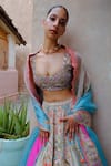 AUM by Asit and Ashima_Grey Silk Embroidered Bead Scoop Patchwork Floral Garden Bridal Lehenga Set _Online_at_Aza_Fashions