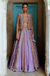 Shop_AUM by Asit and Ashima_Purple Silk Embroidered Bead Blouse V-neck Patchwork Lehenga Jacket Set _at_Aza_Fashions