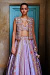 AUM by Asit and Ashima_Purple Silk Embroidered Bead Blouse V-neck Patchwork Lehenga Jacket Set _at_Aza_Fashions