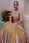 Buy_AUM by Asit and Ashima_Yellow Silk Embellished Bead Scoop Patchwork Hem Textured Lehenga Set 