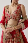 Buy_AUM by Asit and Ashima_Red Silk Embroidered Bead V-neck Patchwork Zardozi Bridal Lehenga Set _Online_at_Aza_Fashions