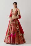 Shop_AUM by Asit and Ashima_Red Silk Embroidered Bead V-neck Patchwork Zardozi Bridal Lehenga Set _Online_at_Aza_Fashions