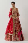 AUM by Asit and Ashima_Red Silk Embroidered Bead V-neck Patchwork Zardozi Bridal Lehenga Set _at_Aza_Fashions