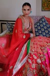 Shop_AUM by Asit and Ashima_Red Silk Embroidered Bead V-neck Patchwork Zardozi Bridal Lehenga Set 