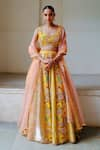 Buy_AUM by Asit and Ashima_Yellow Silk Embroidered Bead Sweetheart Zardozi Patchwork Bridal Lehenga Set _at_Aza_Fashions