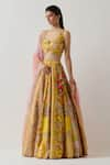 AUM by Asit and Ashima_Yellow Silk Embroidered Bead Sweetheart Zardozi Patchwork Bridal Lehenga Set _Online_at_Aza_Fashions