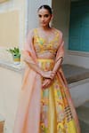 Shop_AUM by Asit and Ashima_Yellow Silk Embroidered Bead Sweetheart Zardozi Patchwork Bridal Lehenga Set _Online_at_Aza_Fashions