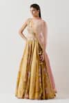 Buy_AUM by Asit and Ashima_Yellow Silk Embroidered Bead Scoop Patchwork Lehenga Set _at_Aza_Fashions