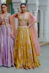 Shop_AUM by Asit and Ashima_Yellow Silk Embroidered Bead Scoop Patchwork Lehenga Set _Online_at_Aza_Fashions