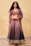 Buy_Kharakapas_Wine Linen, Kota Doria Embroidery, Lace, Patti Round Saanjh Lehenga Set _at_Aza_Fashions